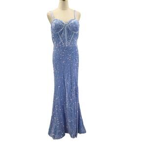 FORMAL SZ 10 L blue velvet sequin corset lace up maxi mermaid dress NEW B129